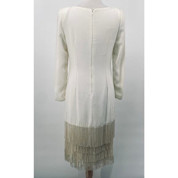 Vintage 80s Fringe Trim Dress Drop Waist Bow Detail Long Sleeves Ivory Womens 10 - Picture 7 of 12